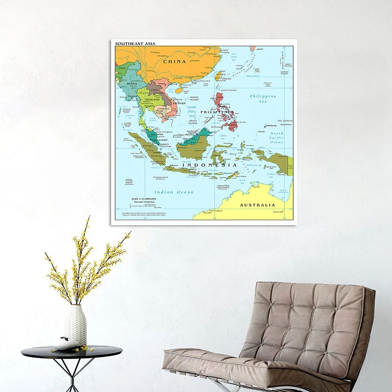 90*90cm The Southeast Asia Map In English Non-woven Canvas Painting Unframed Poster Home Decoration School Classroom Supplies