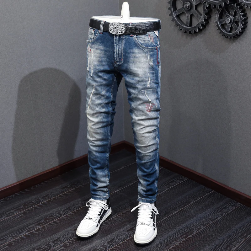 High Street Fashion Men Jeans Retro Blue Elastic Slim Fit Embroidery Patched Vintage Ripped Jeans Men Hip Hop Denim Pants Hombre