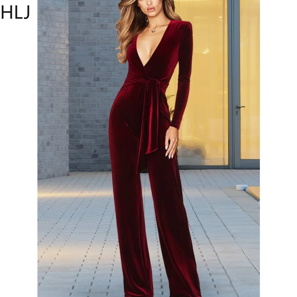 HLJ Fashion Deep V Velvet Long Sleeve Bandage Wide Leg Pants Jumpsuits Female Solid Color Lace Up Slim Playsuits Female Overalls