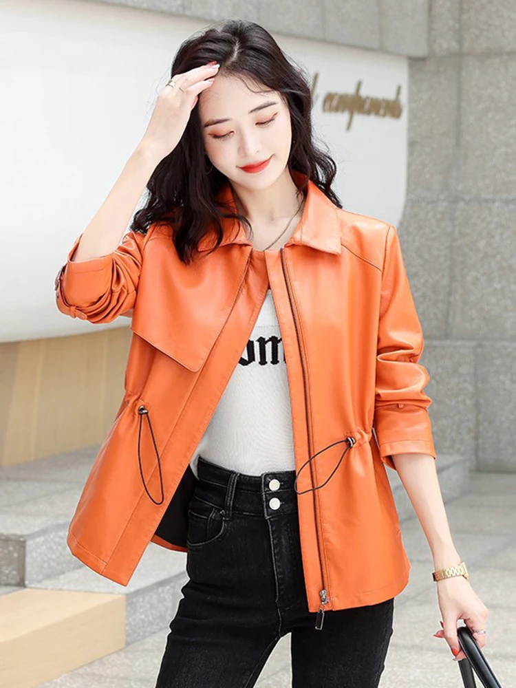 New Women Leather Coat Spring Autumn Fashion Casual Turn-down Collar Drawstring Waist Sheep Leather Trench Coat Loose Outerwear