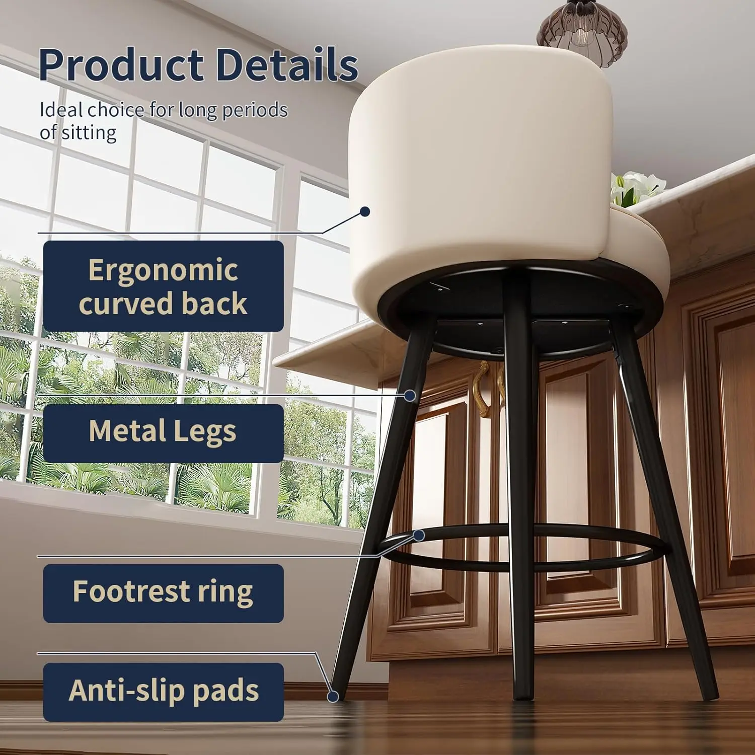 Bar Stools Set of 4, 27 Inch Barstools with Sturdy Legs, Leather Farmhouse Counter Height Bar Stool