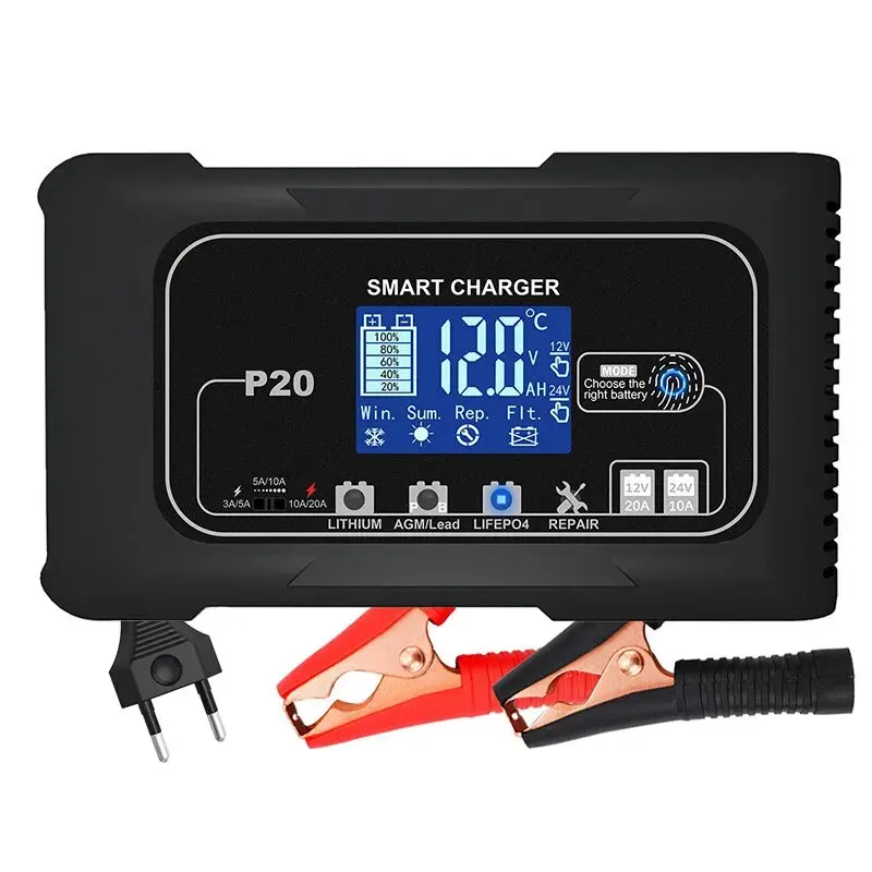  15A/20A Smart Battery Charger LCD Automatic Pulse Repair Charge for Car Motorcycle Battery Charger Lead-Acid Lithium Battery 