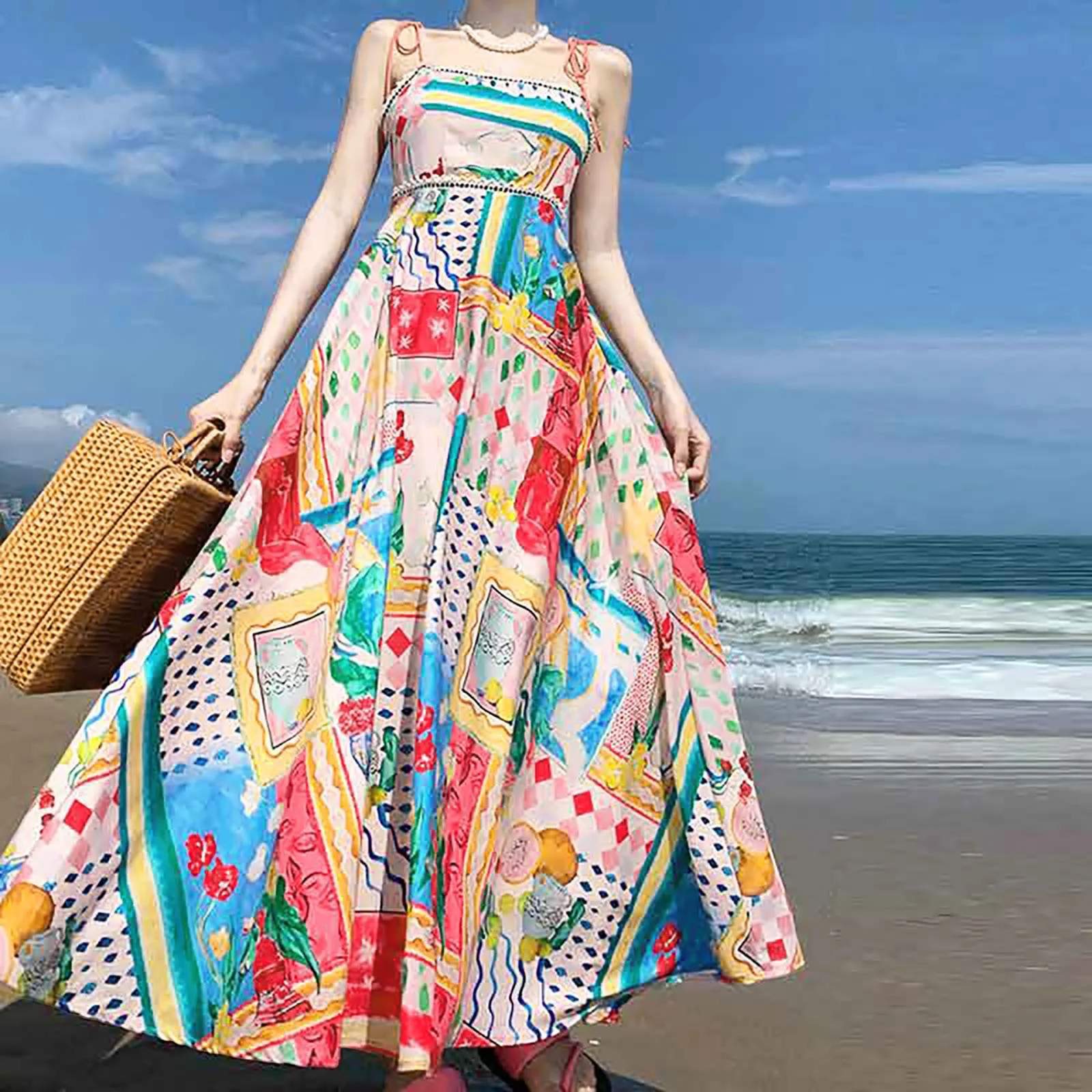 

Summer Boho Style Colorful Strap Long Dress For Women Sleeveless A-Line Maxi Dress Printed Backless Spaghetti Strap Dresses