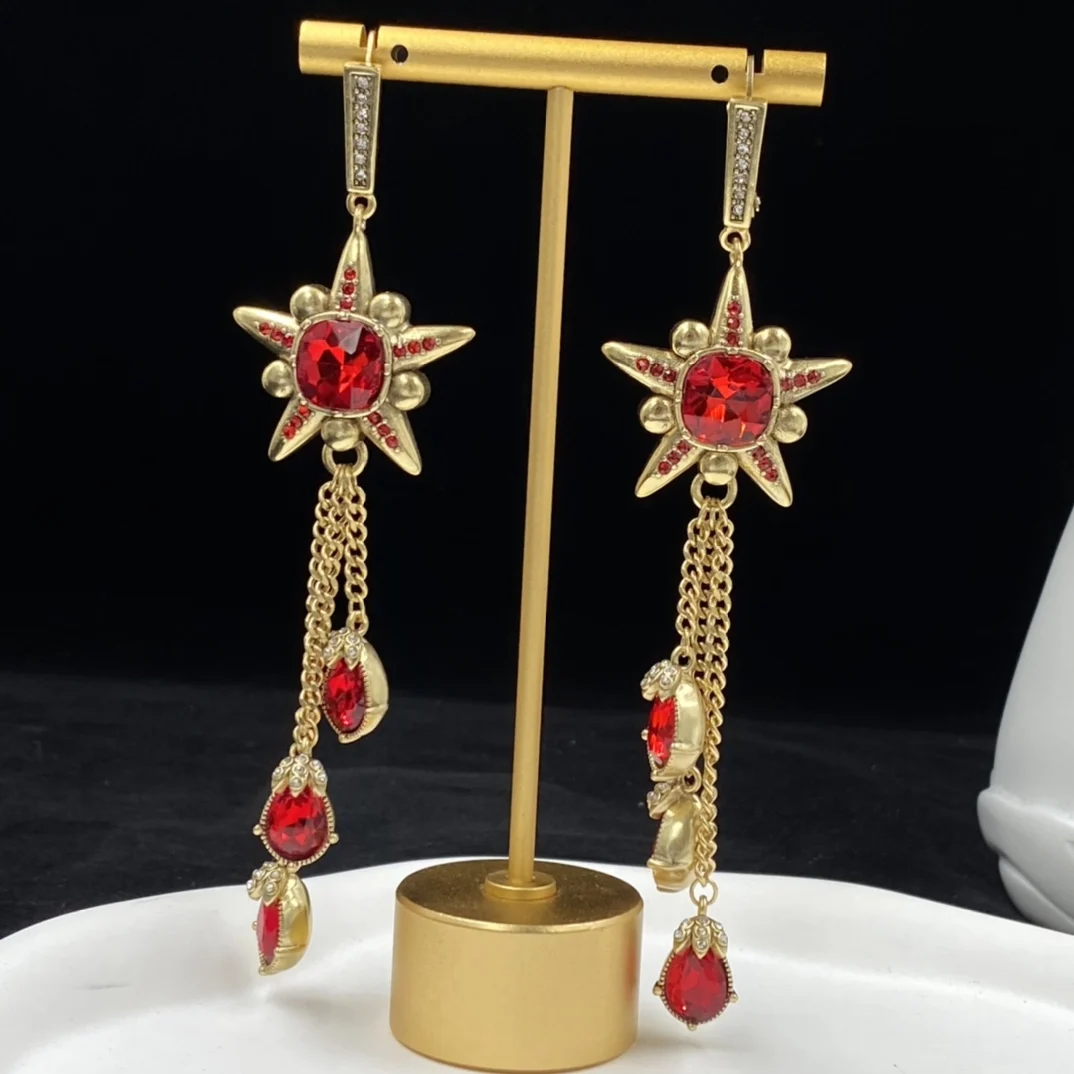 

Luxury Brass Red Gemstone Tassel Pendant Earrings Baroque Styles Jewelry