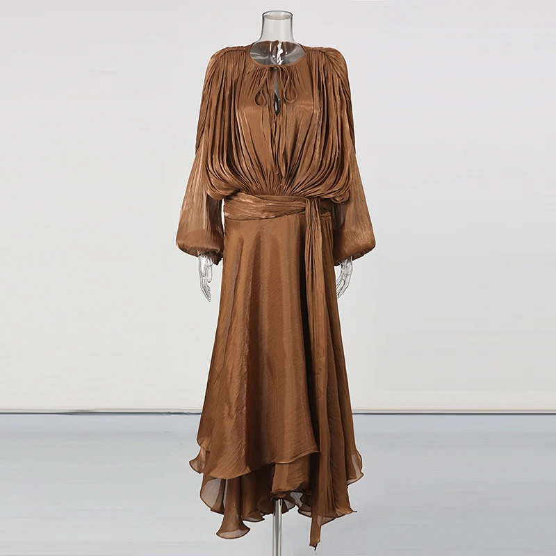 TWOTWINSTYLE Solid Loose Spliced Folds Elegant Dresses for Women Round Neck Long Sleeves Patchwork Lace Up Dress Female Fashion Sd4d2cc2f77ee4153a6928db5136293ad9