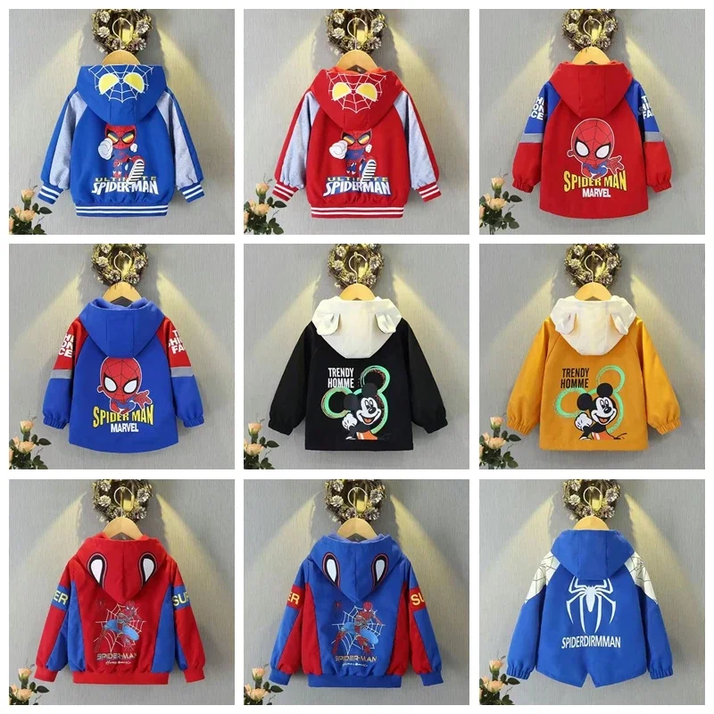 Children Outerwear Boys Spring Autumn Coats Kids Jackets Mickey Spiderman Hooded Windbreaker With Hat Children Zipper Outerwear Baby Girls Clothes