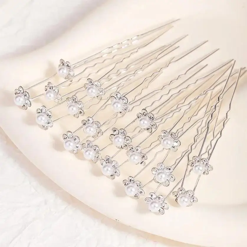 10 Pcs Headwear Hair Fork Pearl Flower Diamond Inlaid Hairpin Wedding Dress Hair Bun Pin Gifts Accessory