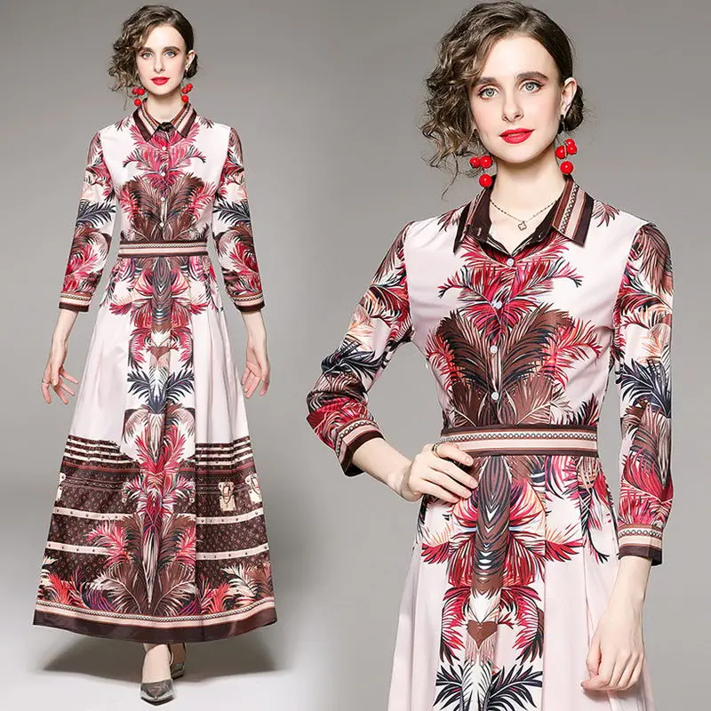 

Quality Elegant Long Sleeve Gentle Women Spring Ankle Length Dresses Feminino Slim Waist Robe Beautiful Flower Printed Vestidos
