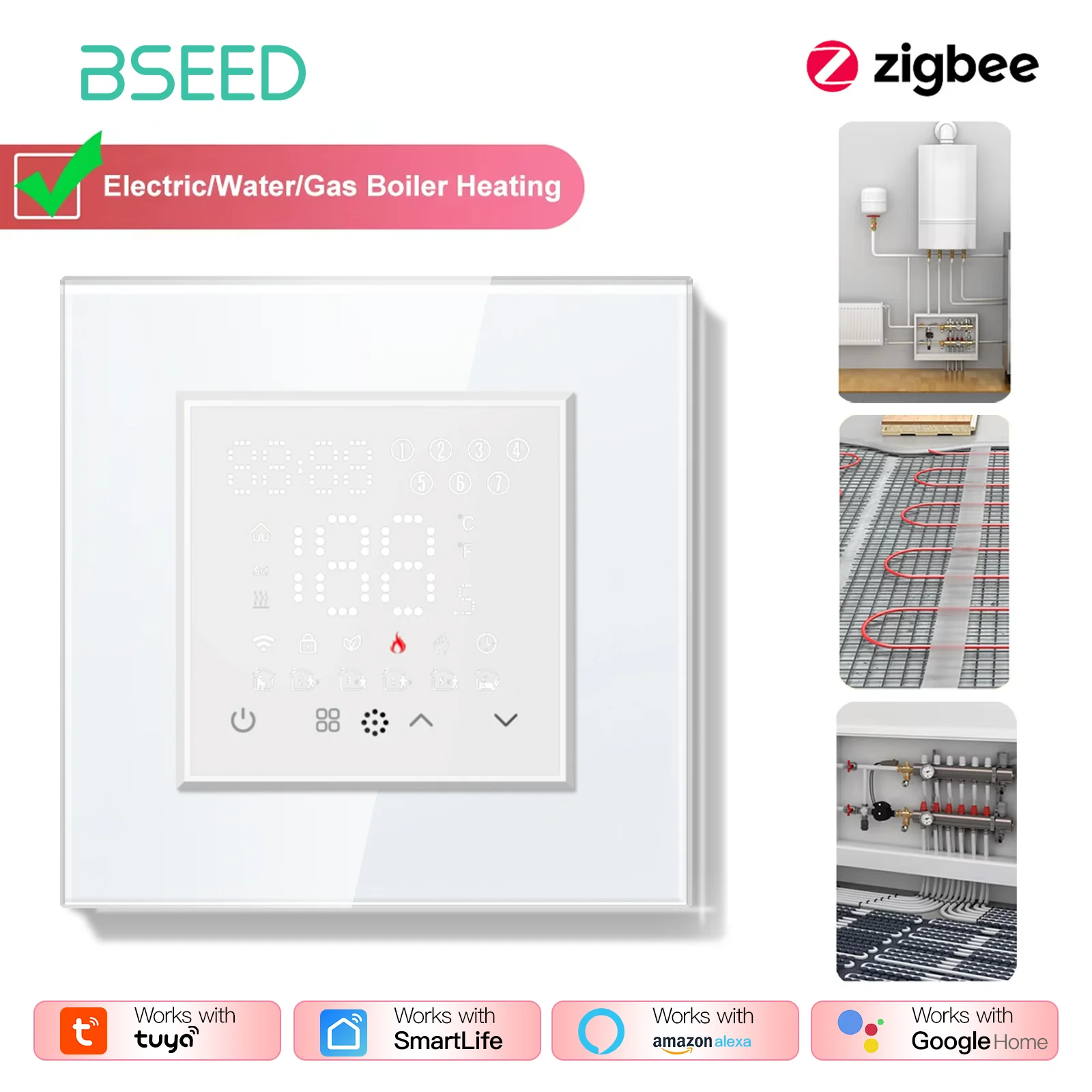 BSEED Zigbee Touch สมาร์ทเทอร์โมสวิทช์สําหรับหม้อต้มแก๊สน้ําไฟฟ้าชั้นอุณหภูมิความร้อน Controller Plus EU ซ็อกเก็ต 1