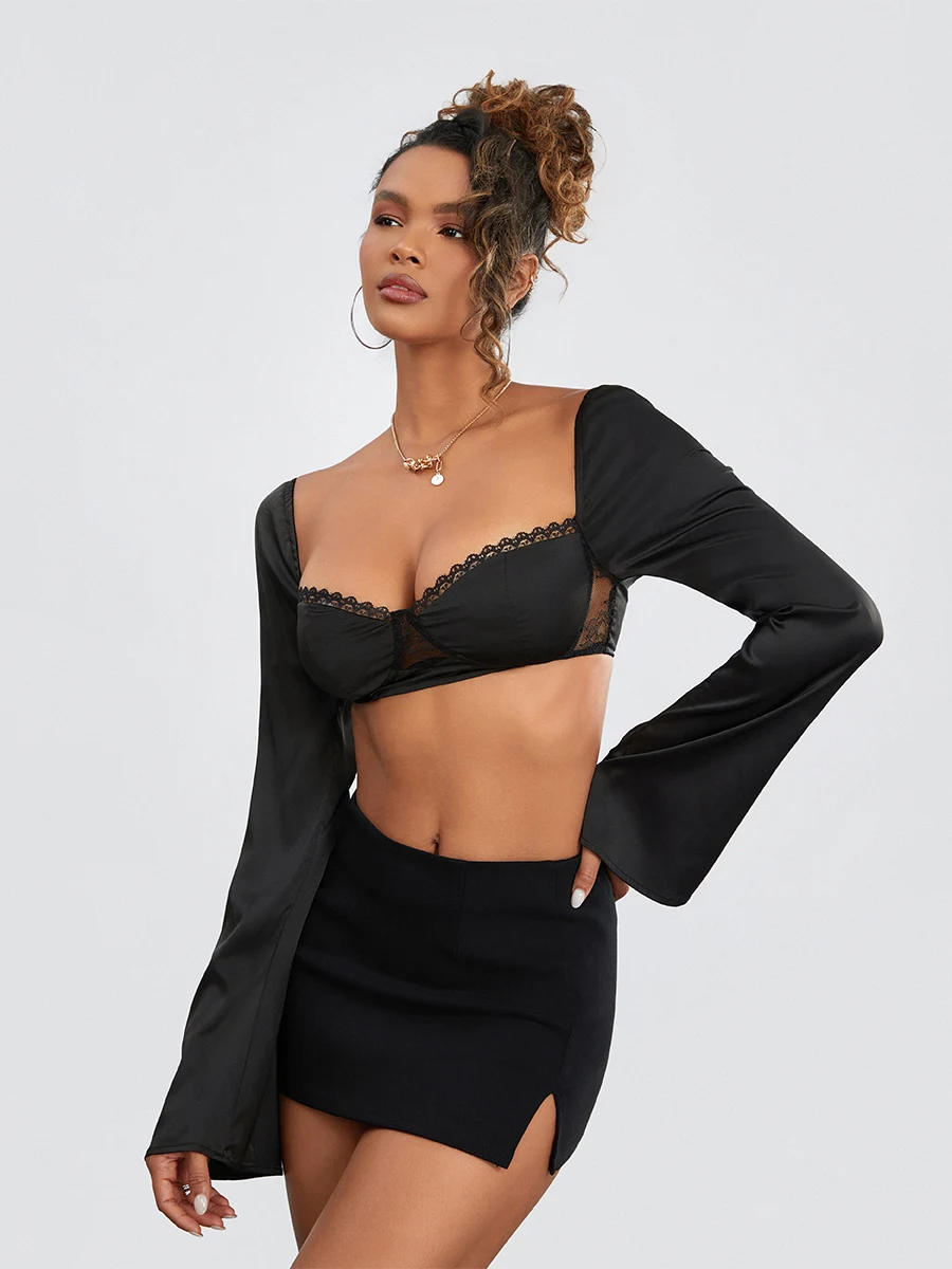 

Women Long Sleeve Crop Tops Mesh Lace Trim Sweetheart Neckline Tie-Up Backless T-Shirts Spring Fall Slim Fit Shirts Streetwear