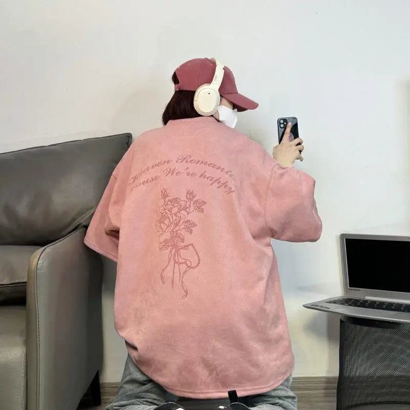 

Korean design love rose suede printed t-shirt for men and women trendy brand American street couple style half-sleeved niche top