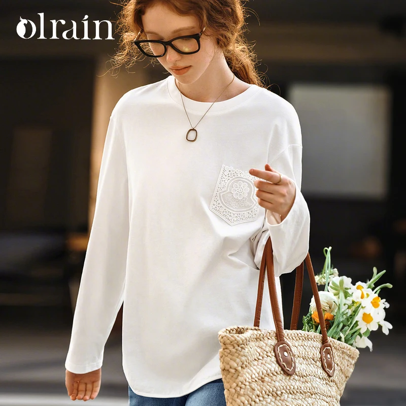 OLrain White Pure Cotton T-shirt Woman Spring 2026 Straight Embroidery Long Sleeve Knitted Lazy Pullovers Tops Female O57QT95835