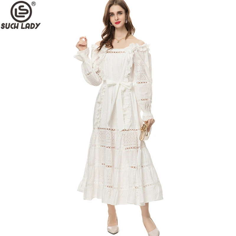 

Women's Runway Dresses Square Neckline Long Sleeves Embroidery Hollow Out Fashion Designer Maxi Vestidos Party Prom Gown