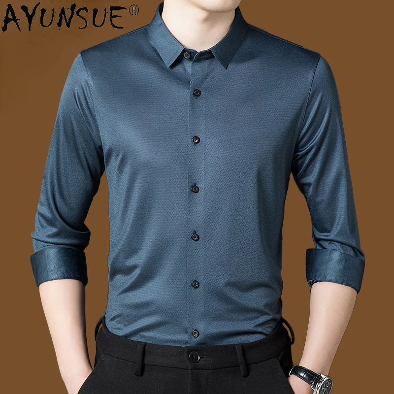 

AYUNSUE Top 100% Mulberry Silk Shirt Men Clothing 2022 Spring New Male Social Shirts Non-iron Luxury Long Sleeve Casual Coat