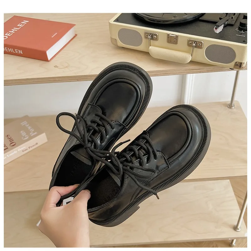 

British Style Retro Fashion Thick-soled Leather Women's Loafers 2024 Designer New Lace-up Shallow Wedge Casual Ladies Shoes