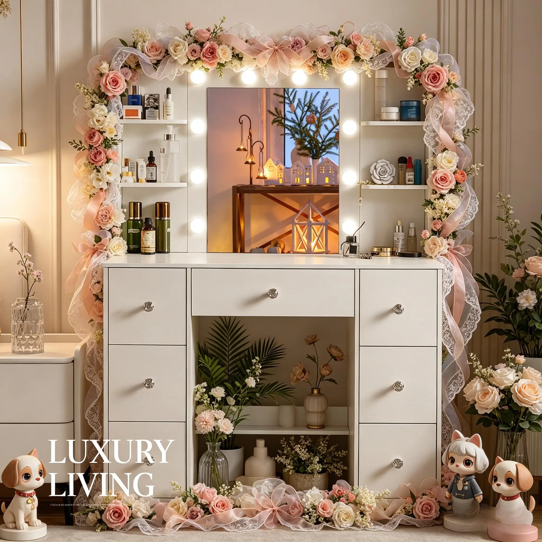 White Large Dressing Table, Dimmable LED Makeup Mirror, 7 Drawers Crystal Pull Design Bedroom Furniture