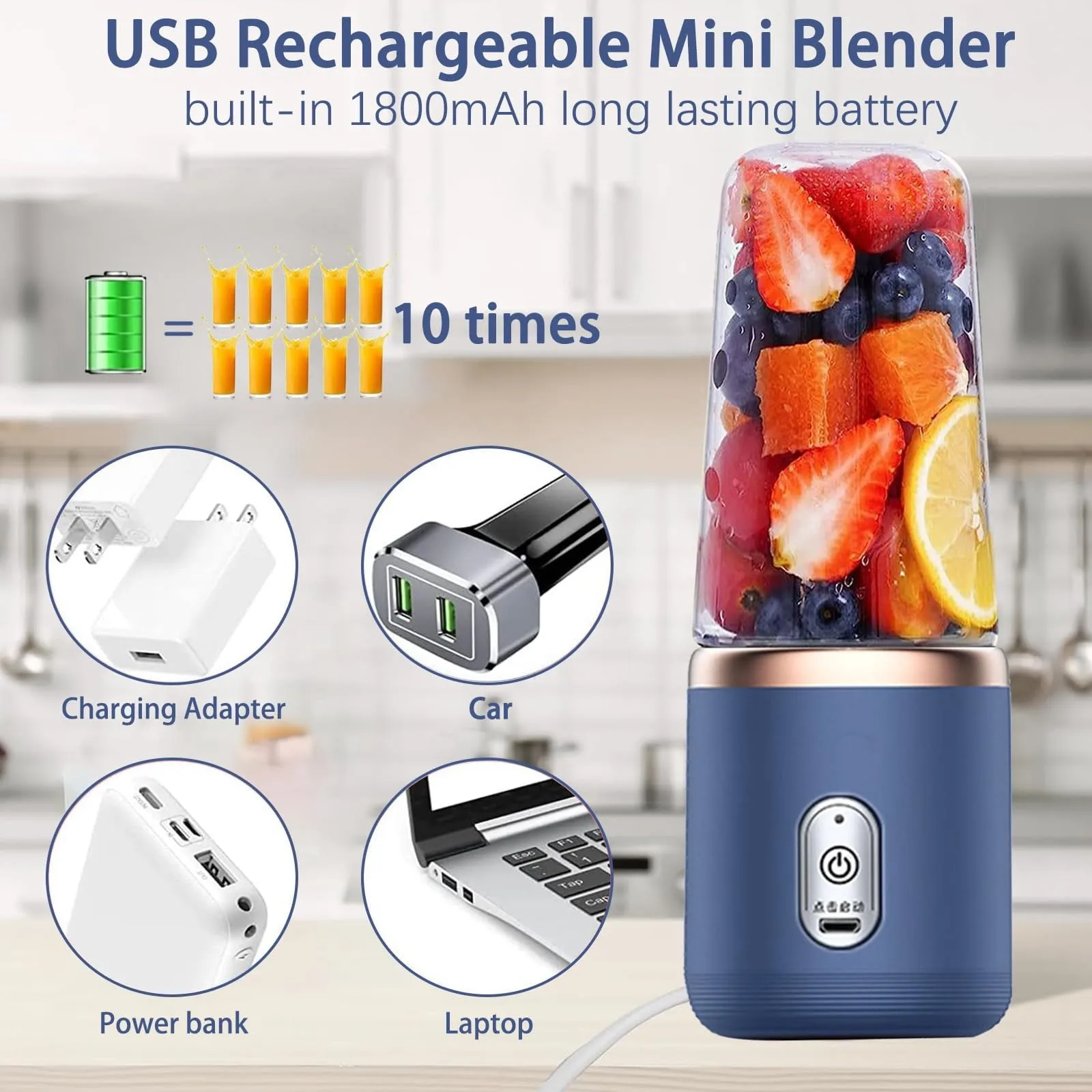 Portable Blender, Personal Blender USB Rchargeable, Mini Blender for Shakes and Smoothies, 400ML Portable Fruit Veggie Juicer Cup With 6 Blades and Travel Lid, Handheld Blender for Travel Gym Kitchen(Blue) 6