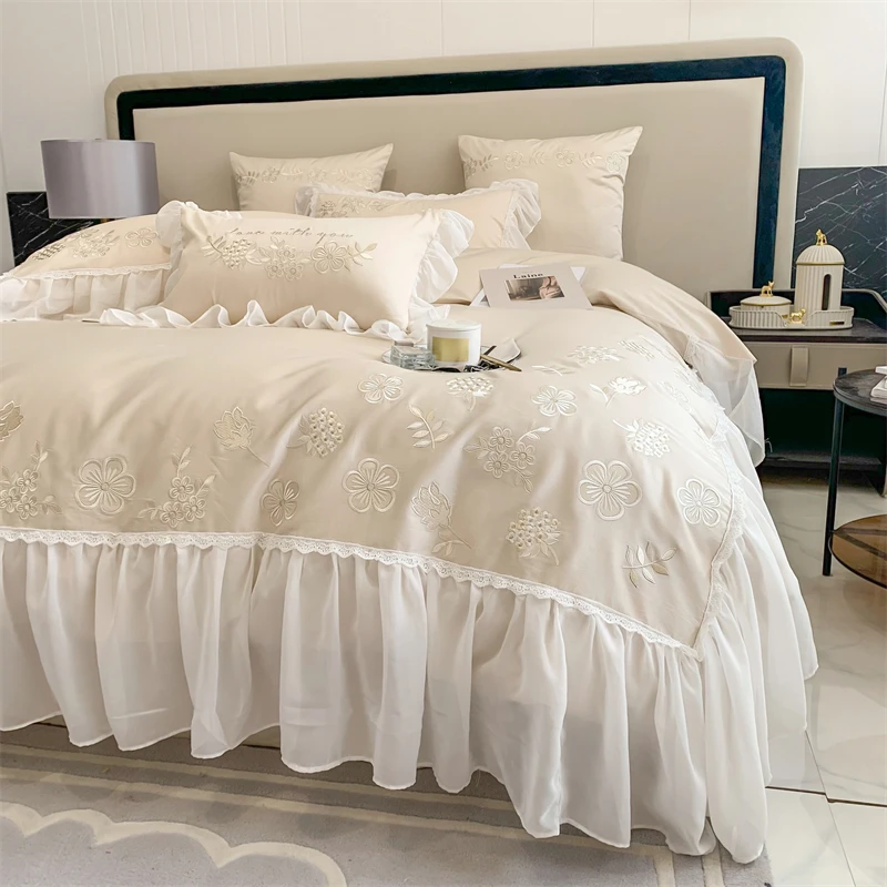 Waliicorners White Lace Edge Quilt Duvet Cover Set Bed Linen Pillow Shams 1200TC Egyptian Cotton Flowers Embroidery Princess 4Pcs Bedding Set 20 Sd4d395dfd83d427dac439e3adbcb542au