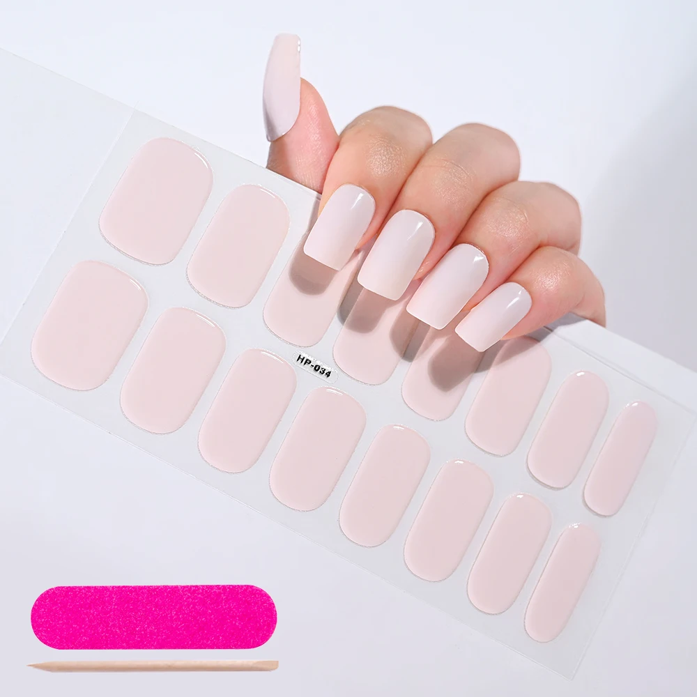 16Tips Soild Color Nude Pink Semi-Cured Gel Nail Sticker Long-Lasting UV Nail Sticker Full Cover UV/LED Extension Gel Foil nail stickers