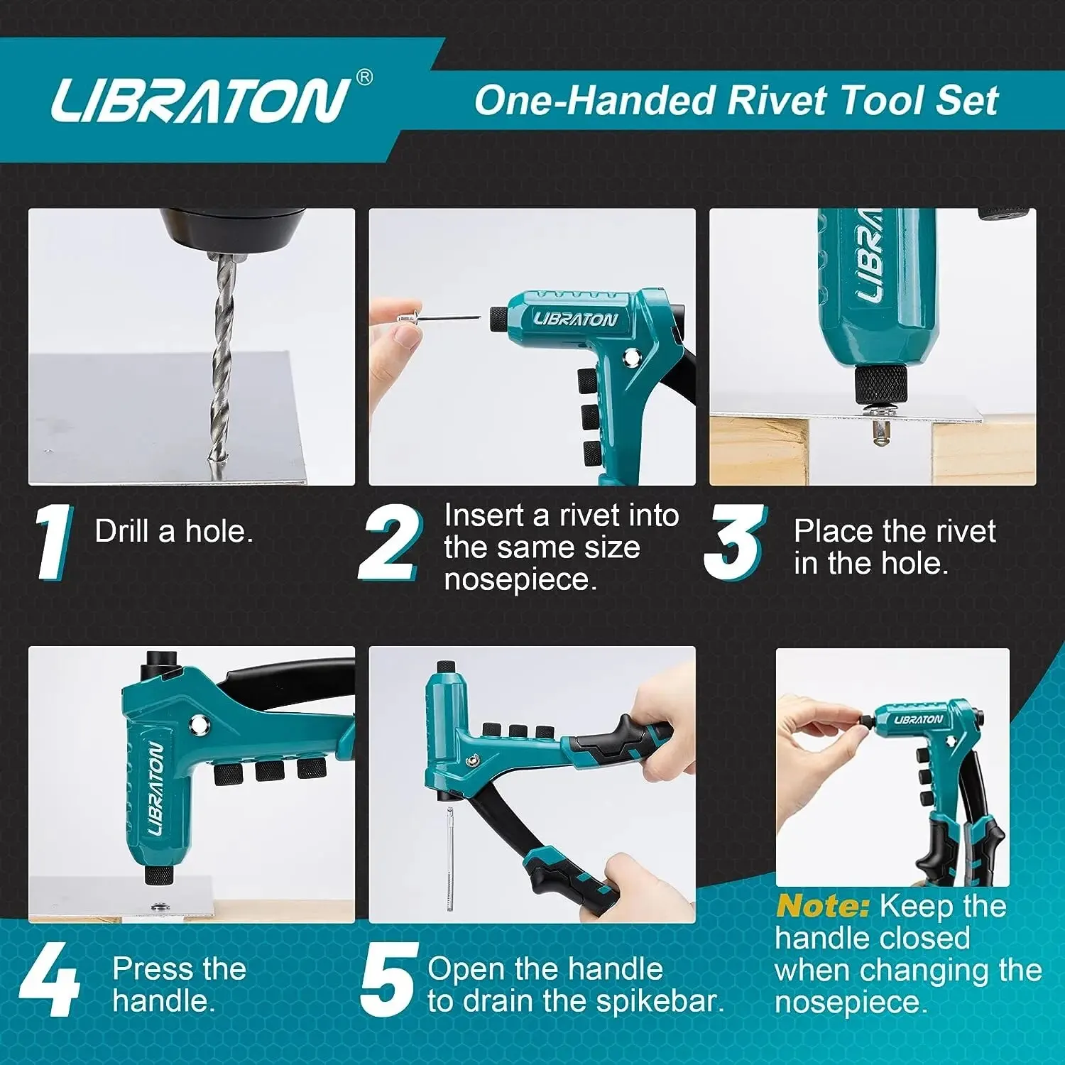 Libraton One-Handed Rivet Gun, Pop Rivet Gun Set, Professional Hand Riveter, Manual Riveting Tool with 200 Rivets for Metal 6