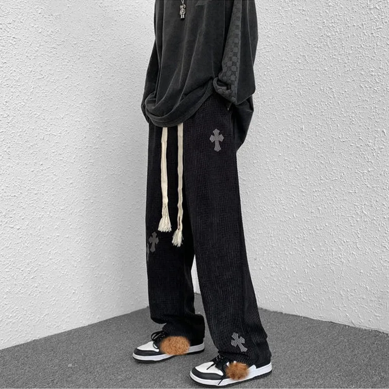 New Streetwear Women Wide Leg Pant Cross Embroidery Woman High Waist Straight Baggy Corduroy Trousers Women Clothing Y2k Pants nike sweatpants