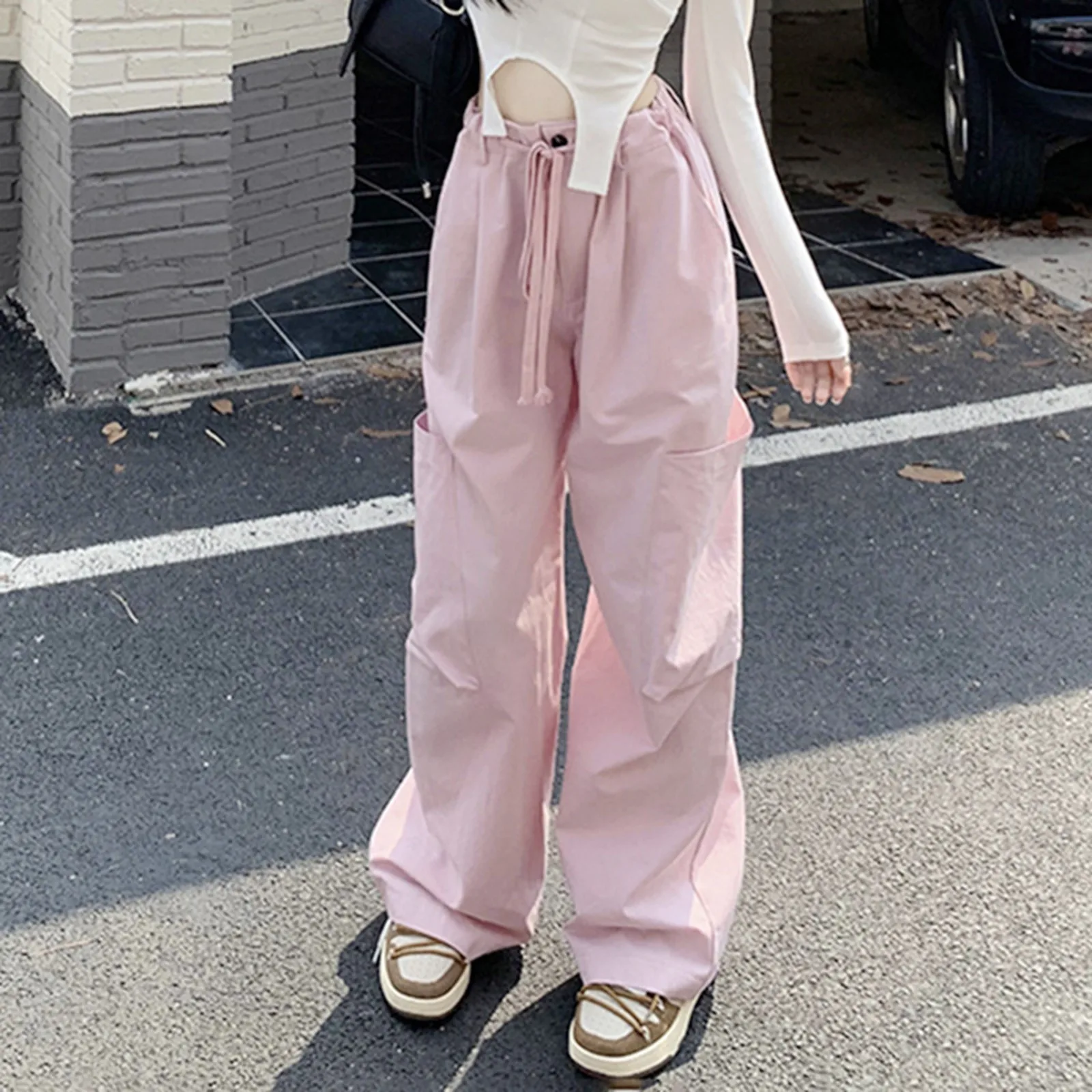 

Women'S American Retro Street Pants Pink Drawstring Baggy Trousers Overalls 2023 Y2k Harajuku Athletic Parachute Pantalones