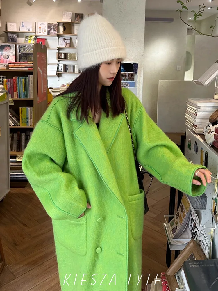 

Luxury Fashion Show Top Quality 2023 Autumn Winter New Green Wool50% Coat Women Casual Loose Medium Long Trendy Woolen Outerwear
