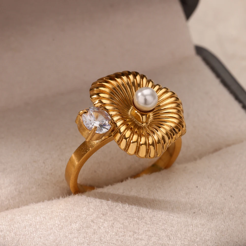 Stainless Steel White Zircon Imitation Pearl Open Rings For Women
