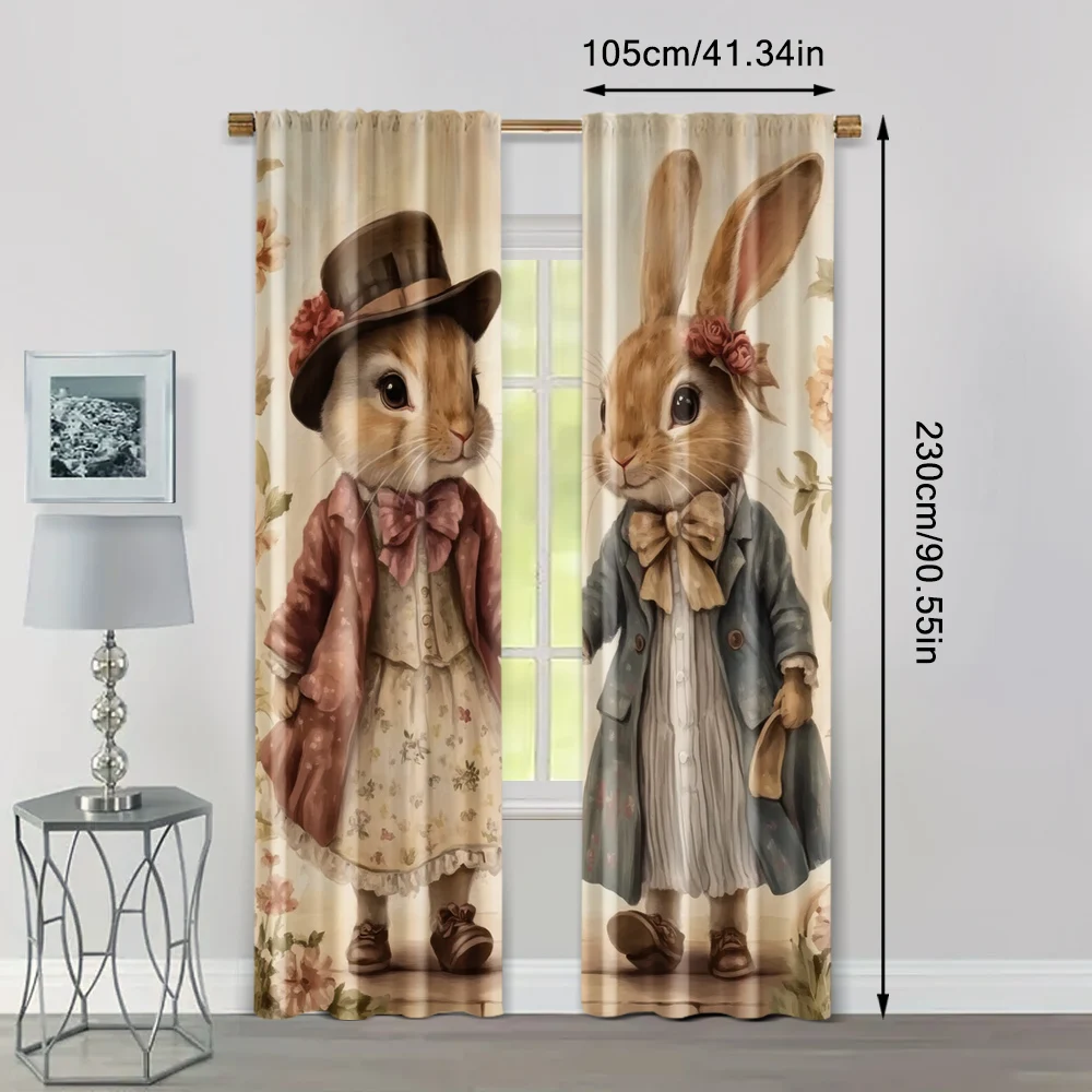 2pcs, Popular Curtain Panels 2D print Two rabbits holding hands Machine Washable Fabric (without rod) Thermal Insulation, and 4