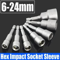 1PCS 6-24mm Hex Socket Sleeve Nozzles Nut Driver Screwdriver Drill Bit Adapter Magnetic Impact Socket Hex Shank Socket Wrench 1