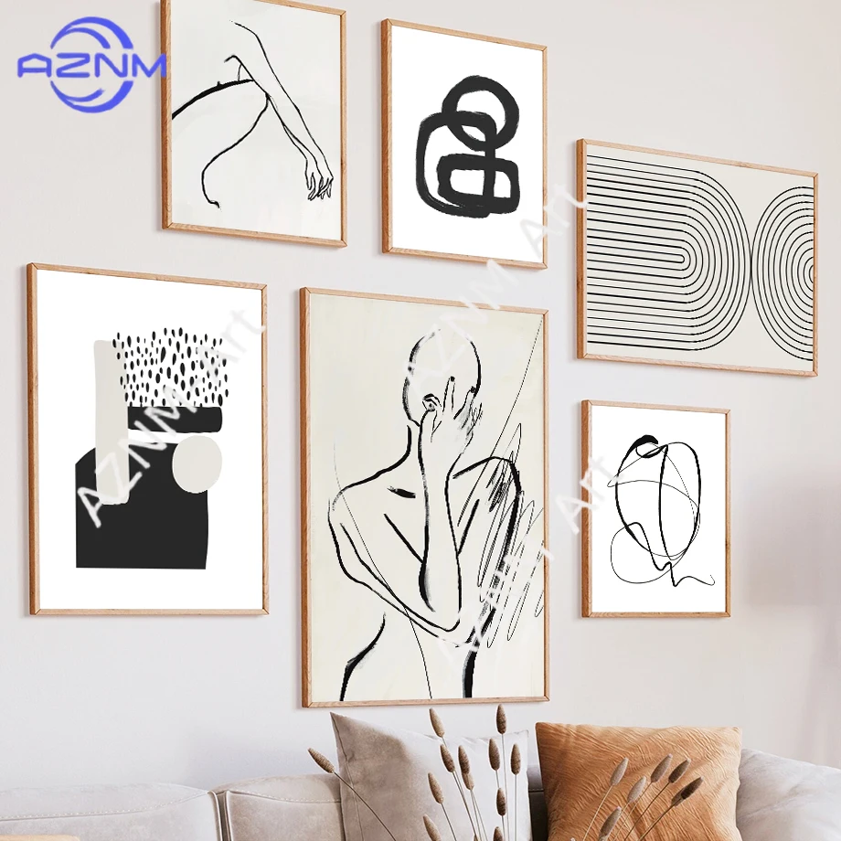 Disegno a linee nere di un corpo femminile, poster astratti con arcobaleno, stampe su tela, quadri da parete per hotel, bar, decorazioni per il soggiorno