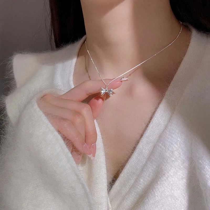 Korean Silver Color Bow Pendant Necklace for Women Minimalist