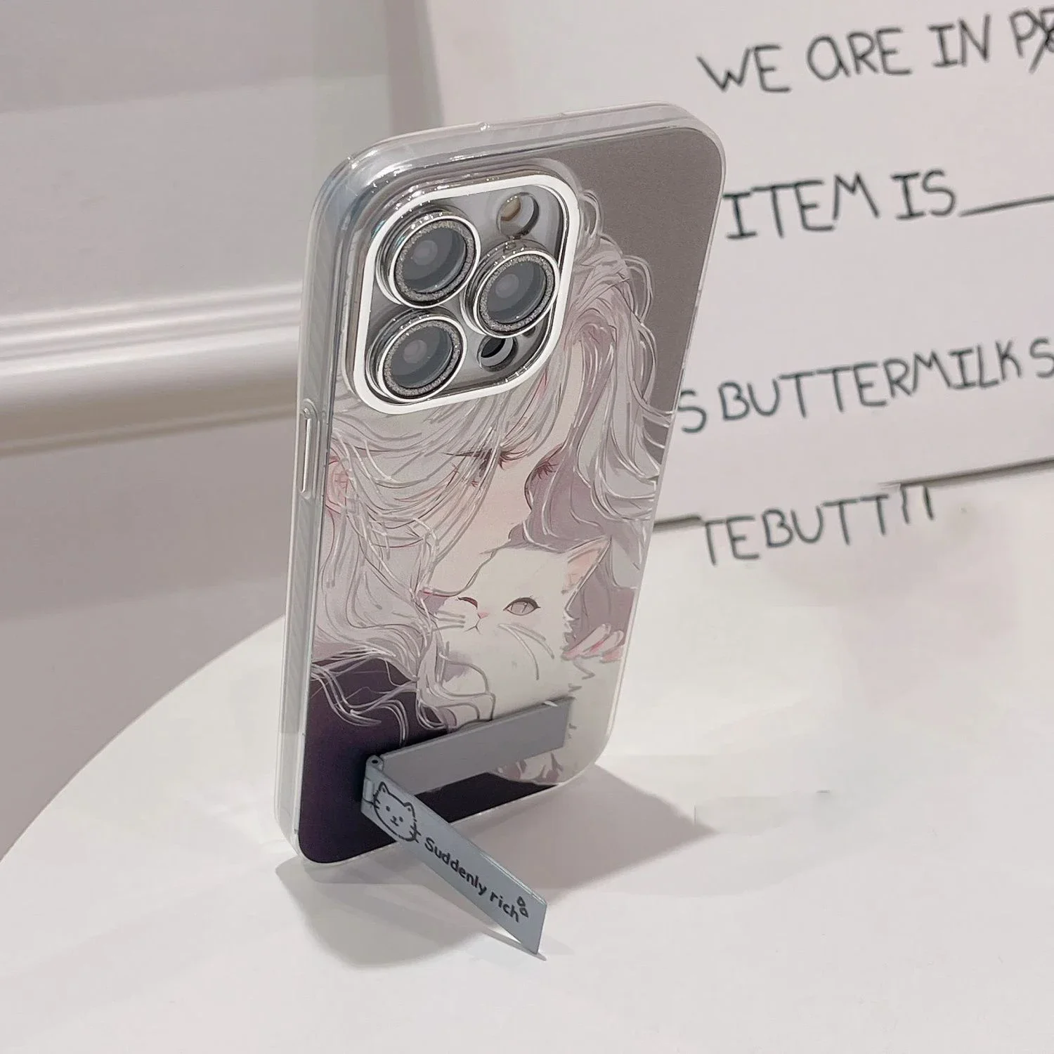 Anime Girl Cute Cat Feather Texture Phone Case with Holder