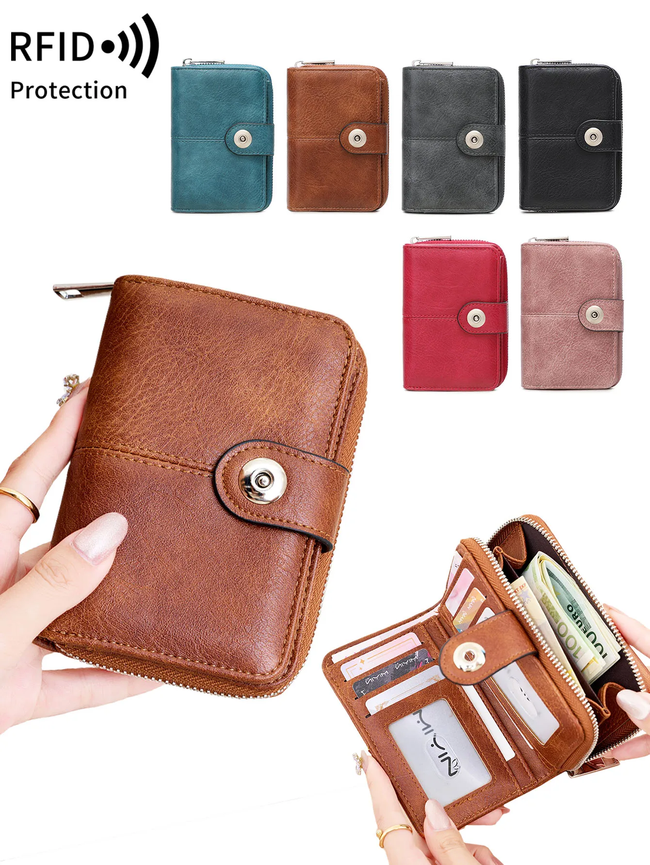 Cartera corta multifunción con bloqueo RFID Vintage para mujer, monedero con cremallera de gran capacidad a la moda, tarjetero de identificación simple