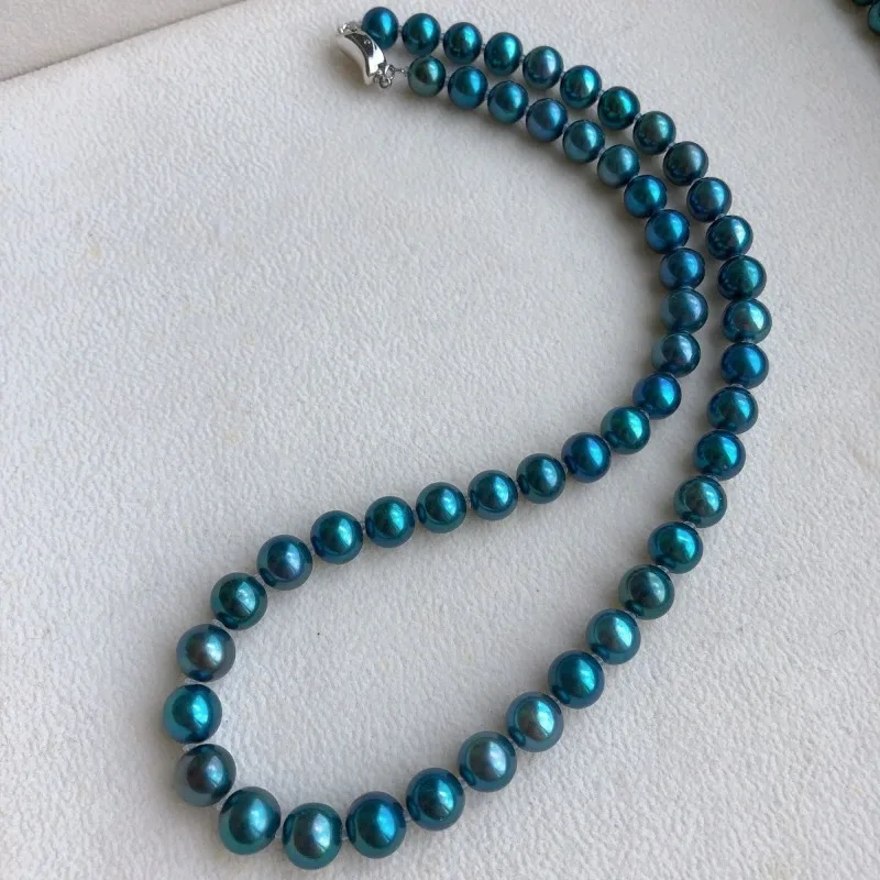 

Fashion 9-10mm Tahitian Pearl Necklace for Women Real Round Peacock Green Pearls Fine 925 Sterling Silver Jewelry