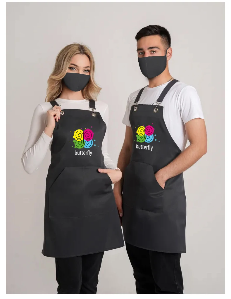 Schwarze Unisex-Schürze mit verstellbarem Hals und anpassbarer Markenlogo-Stickerei-Tasche für Männer und Frauen, Kellner, Kochen, Restaurant, Arbeitskleidung – Detail 8