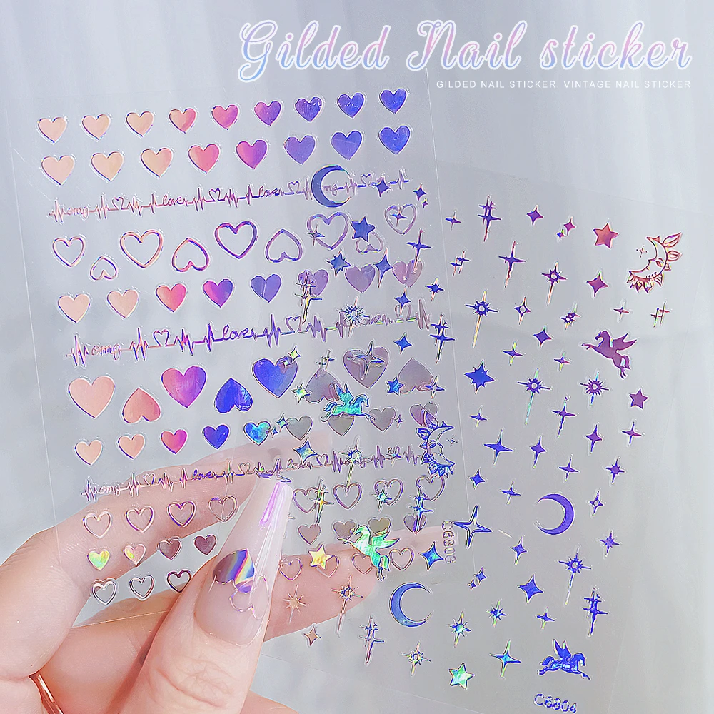Holographic Rainbow Love Heart Nail Sticker 4/6Sheet/Kit 3D Laser Self-Adhesive Manicure Slider