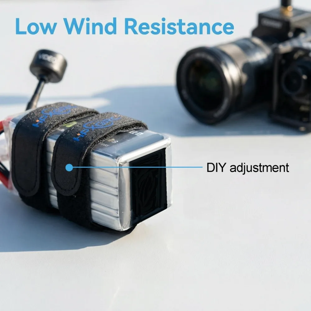 Sangle de batterie FPV HPXGRC 20x310mm enroulée autour d'une batterie LiPo pour drone, détail du serrage