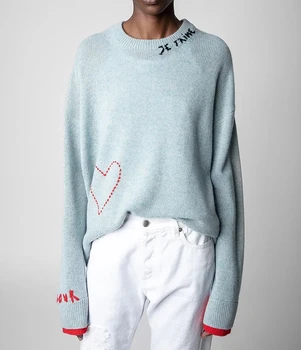 Super chic Letter Embroidery Sweater WomenAutumn Winter Asymmetrical Hem Wool Pullover Streetwear Sweaters Jumpers Female 1