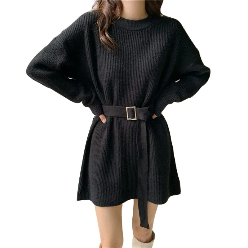 

Women's Loose Fit Belted Knit Top Long Sleeve Dress Perfect for Everyday Wear