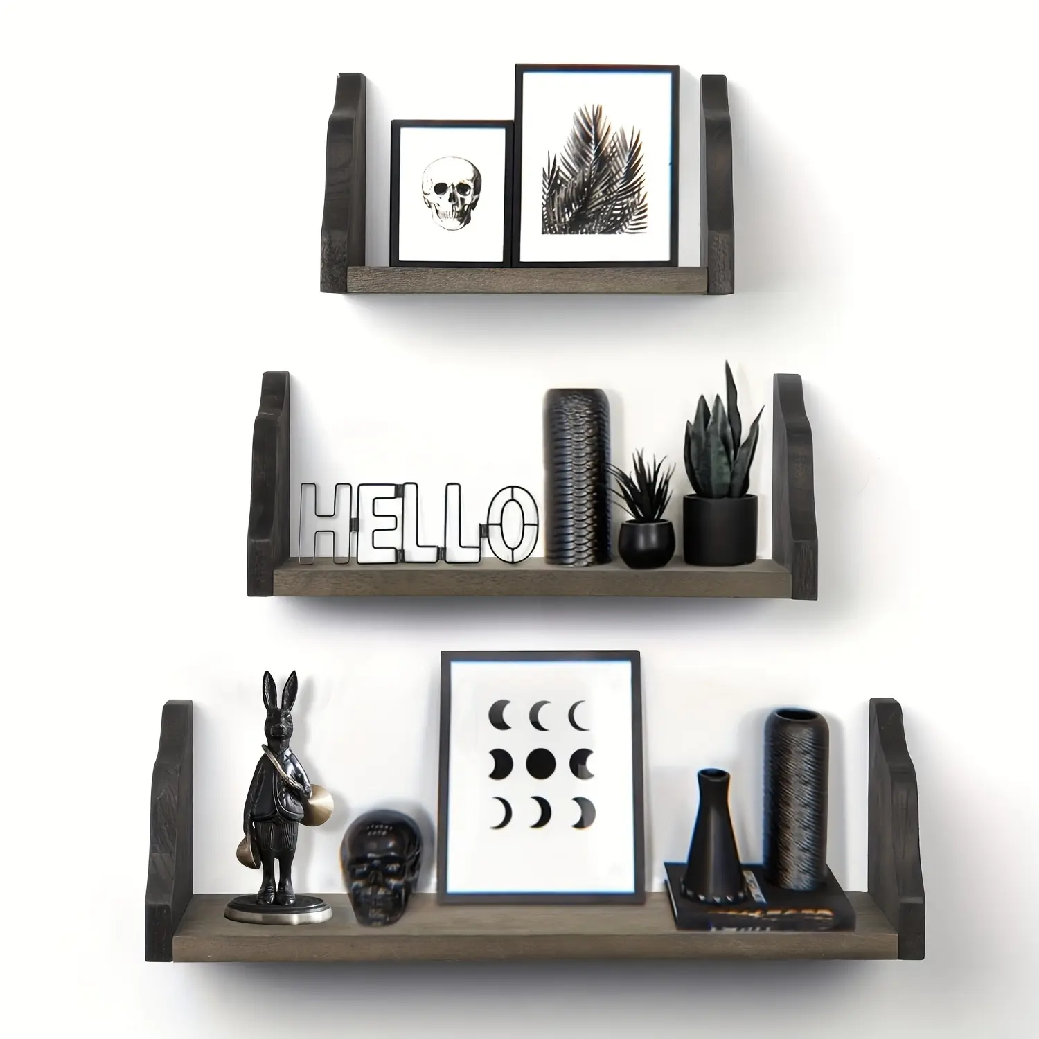 3Pcs Black Floating Shelves Rustic Wood Shelves Wall Mounted Shelf For Bathroom Decor Bedroom Living Room Kitchen Bathroom