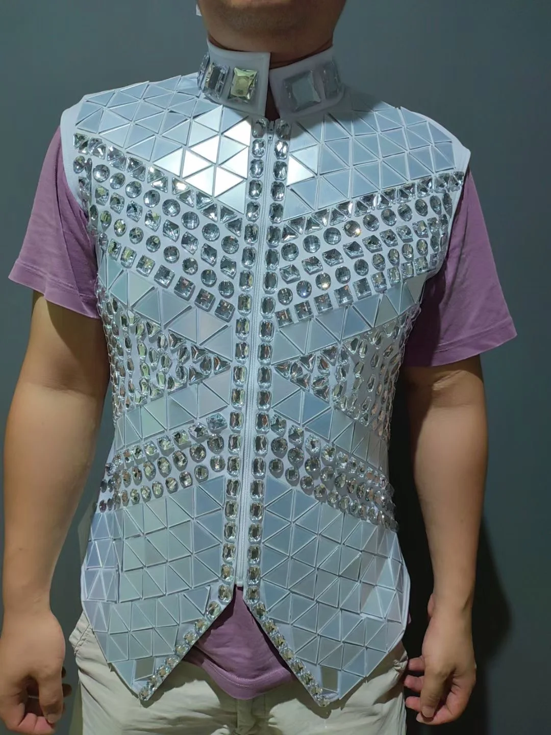 Sparkly Rhinestones Male Mirror Waistcoat Bar Nightclub Singer Stage Crystal Sequins Vest Performance Clothes Drum Dance Coat 3