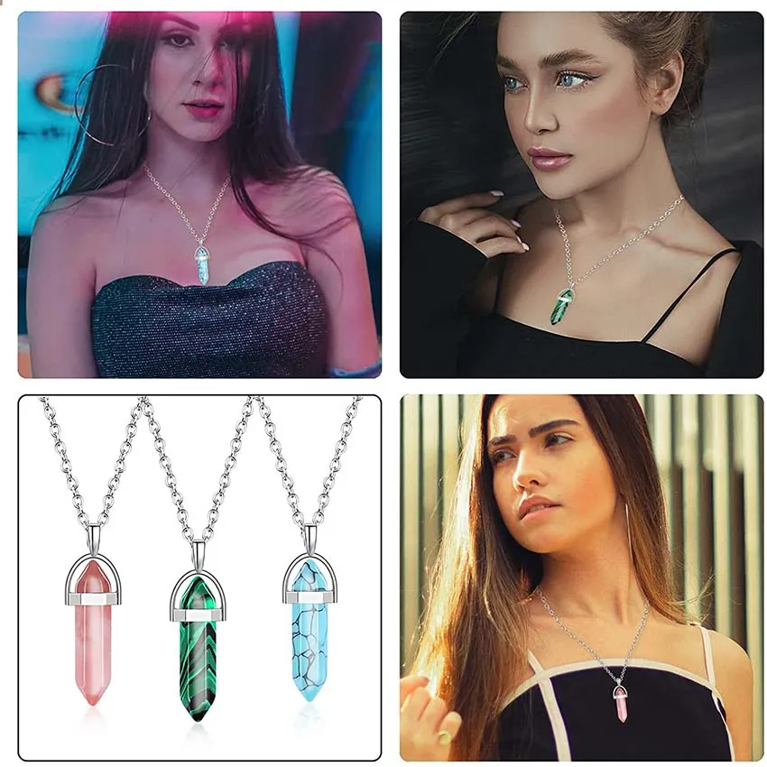 Natural Purple Amethysts Rock Quartz Rose Crystal Hexagonal Chakra Healing Point Pendulum Stone Pendant Necklace For Women Girls 5
