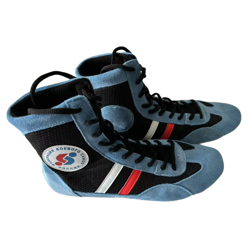 Sambo Wrestling Shoes Blue and Red Professional Fighting Leather Sneakers Training Soft Bottom САМооборона Без Оружия Shoe