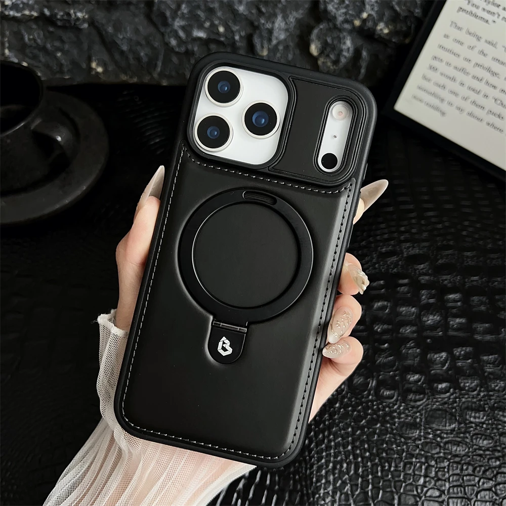 Luxury Magnetic Stand Ring PU Leather Phone Case with Magsafe and Hollow Logo Design