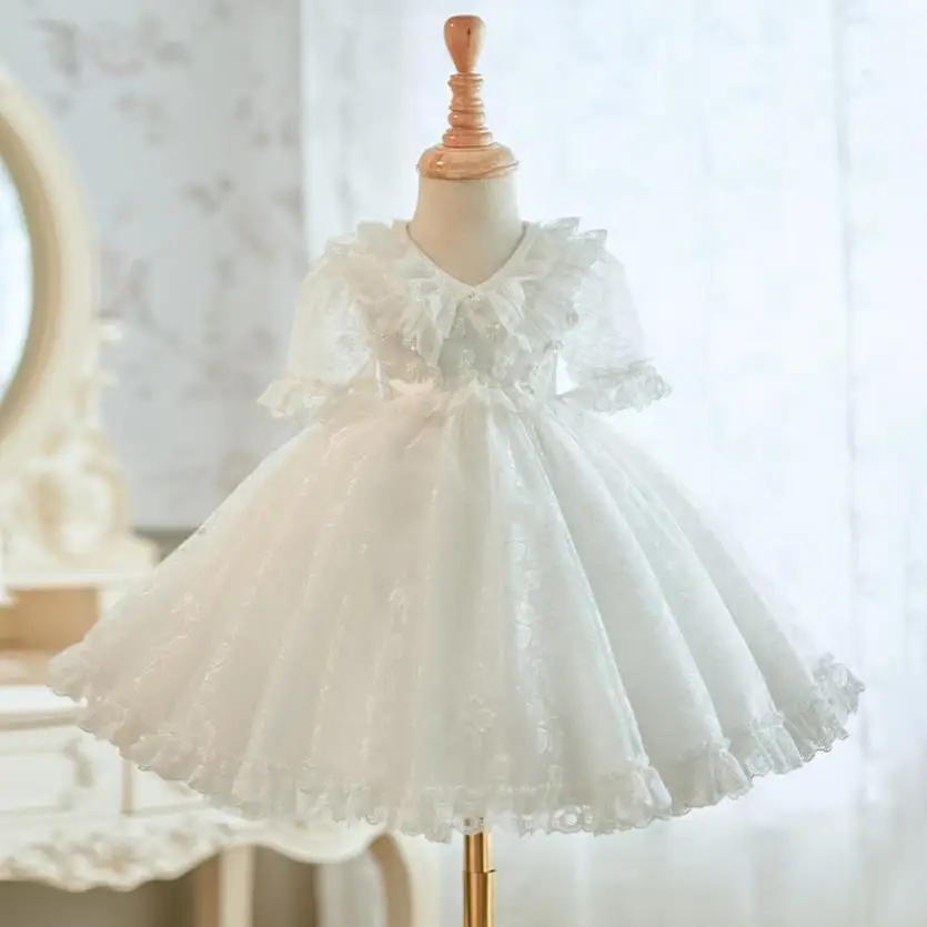 

Children's Princess Evening Gown Bow Lace Puff Sleeve Design Kids Wedding Birthday Baptism Party Girls Dresses For Eid A3528