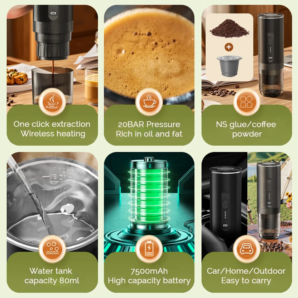 2 in 1 Portable Capsule Coffee Machine Wireless Automatic Heating Coffee Detachable Flushing Espresso Outdoor Travel Office