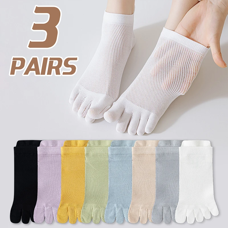 3 Pairs of Women's Cotton Summer Solid Color Simple Mesh Breathable Anti Pilling College Style Spring Autumn Five Finger Socks
