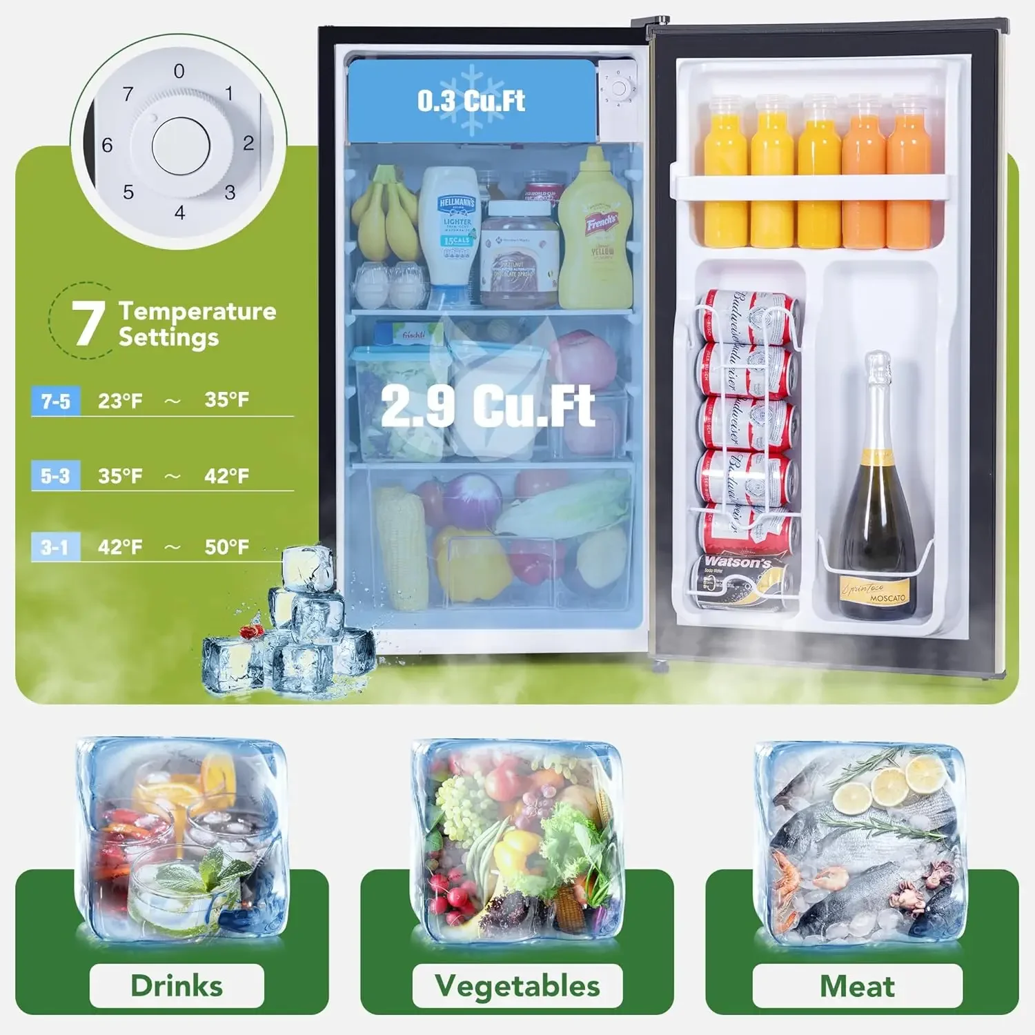 Refrigerator with Freezer, 3.2 Cu.Ft, Mini Fridge with Freezer, 7 Settings Temperature Adjustable, Single Door, Compact Refriger 4