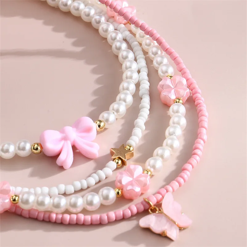 Jewelry Set Pink Love Butterfly Pendant Imitation Pearl Rice Beads Handmade Beaded Children Chain Necklace Good Friend Gift